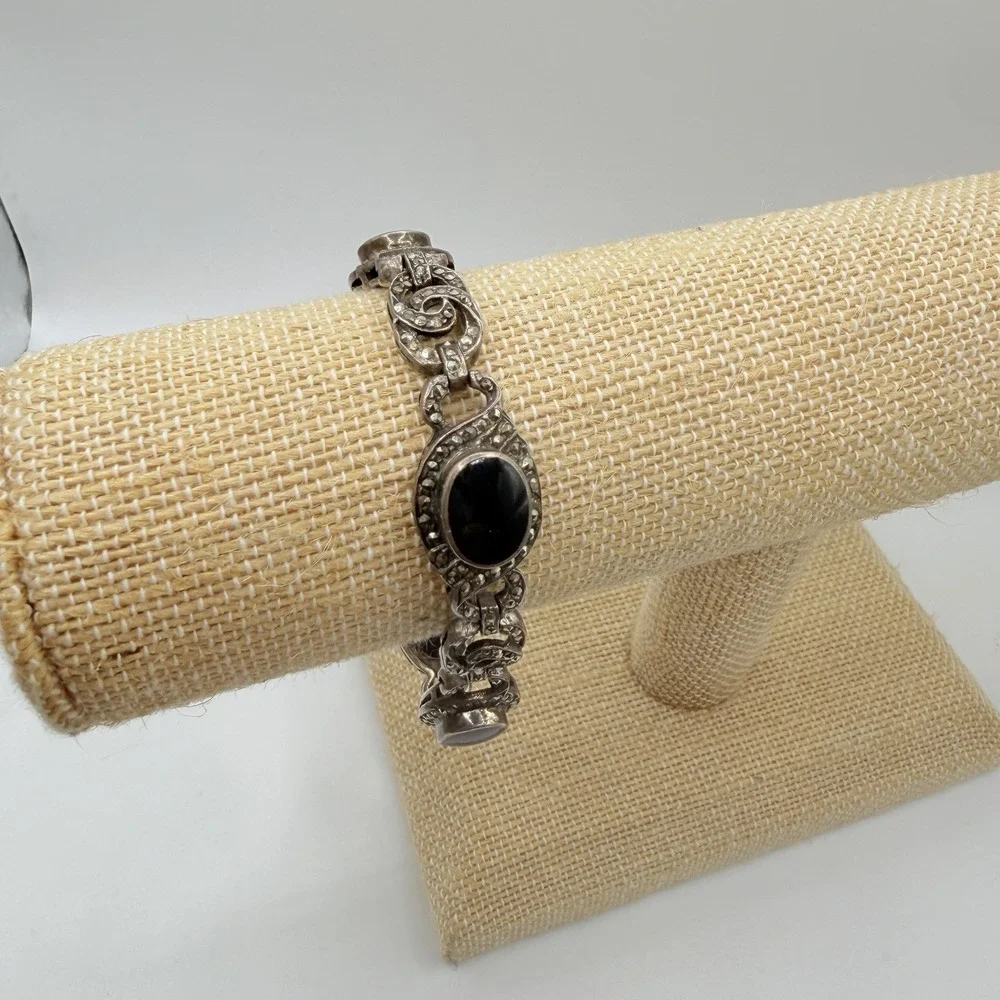 Vintage Sterling Silver 925 Marcasite Black Onyx Oval Bracelet 22g Chunky 7 5/8